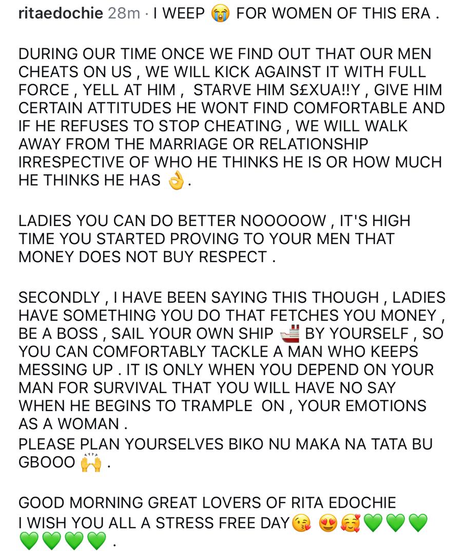 Actress Rita Edochie berates women who stick with cheating men just because he gives them money